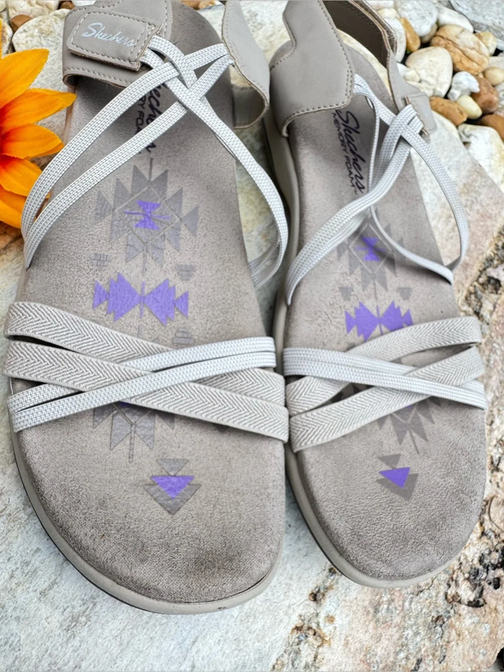 🩶🤍Skechers Reggae Slim Strappy Sandals Gray Beige Purple Size 10